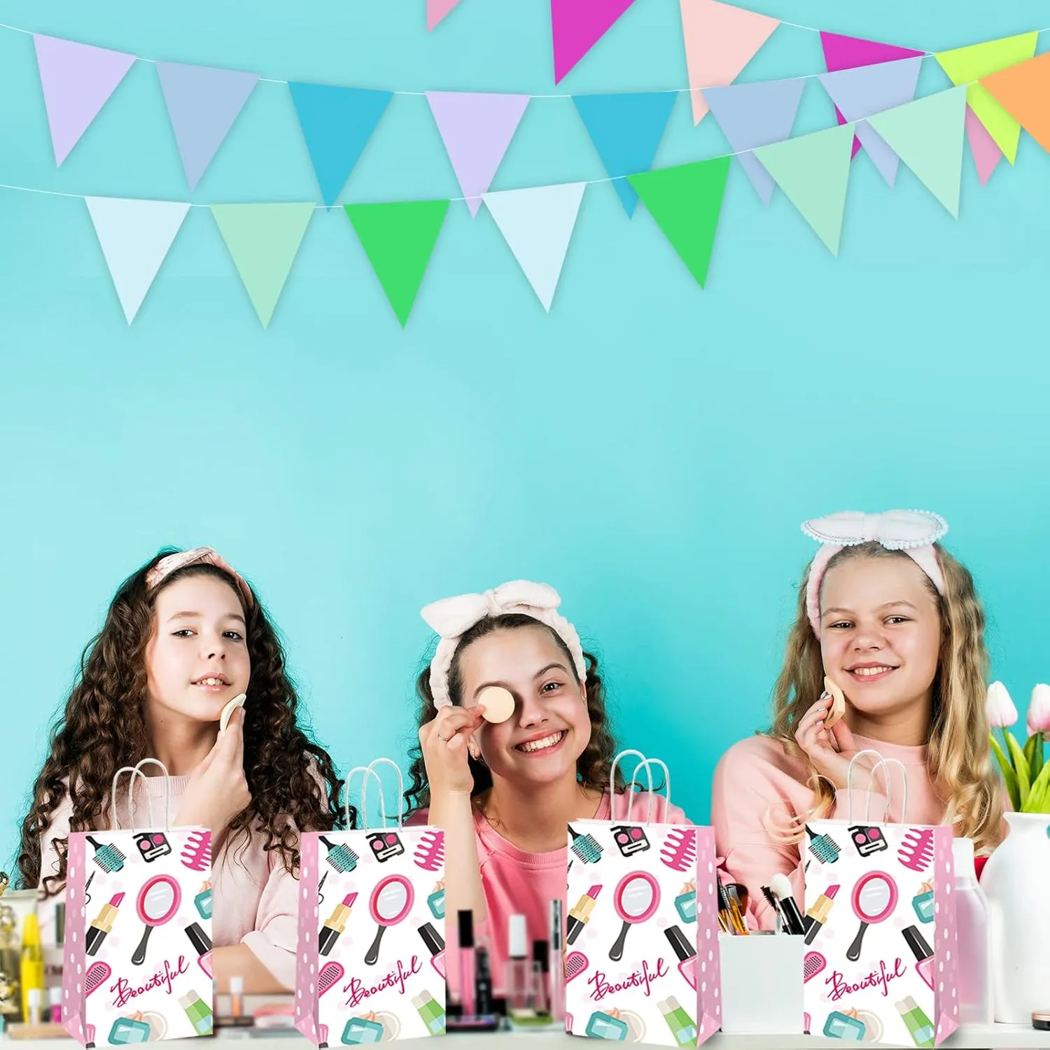 gisgfim 12 Pcs Spa Makeup Birthday Party Goody Treat Favor Bags Cosmetics Party Paper Gift Bags Spa Theme Party Decorations for Kids Girl Makeup Birthday Party Supplies