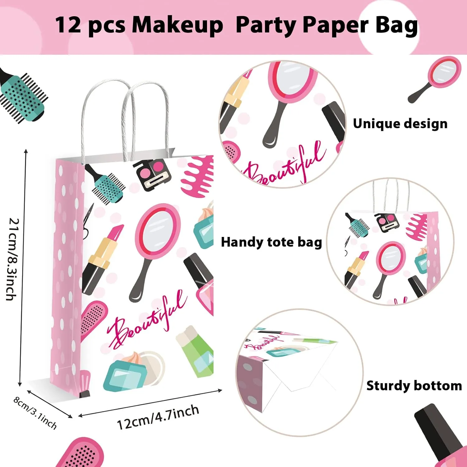 gisgfim 12 Pcs Spa Makeup Birthday Party Goody Treat Favor Bags Cosmetics Party Paper Gift Bags Spa Theme Party Decorations for Kids Girl Makeup Birthday Party Supplies
