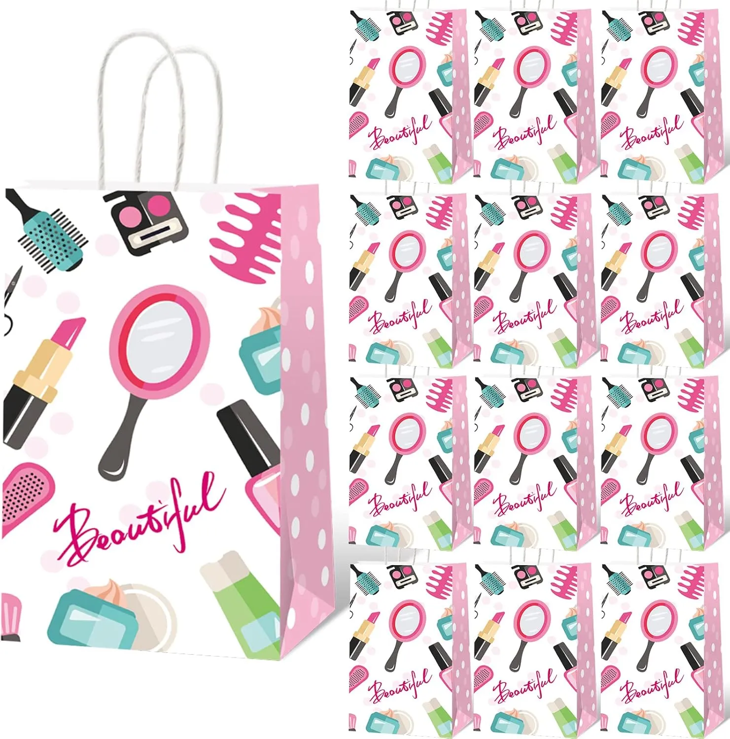 gisgfim 12 Pcs Spa Makeup Birthday Party Goody Treat Favor Bags Cosmetics Party Paper Gift Bags Spa Theme Party Decorations for Kids Girl Makeup Birthday Party Supplies