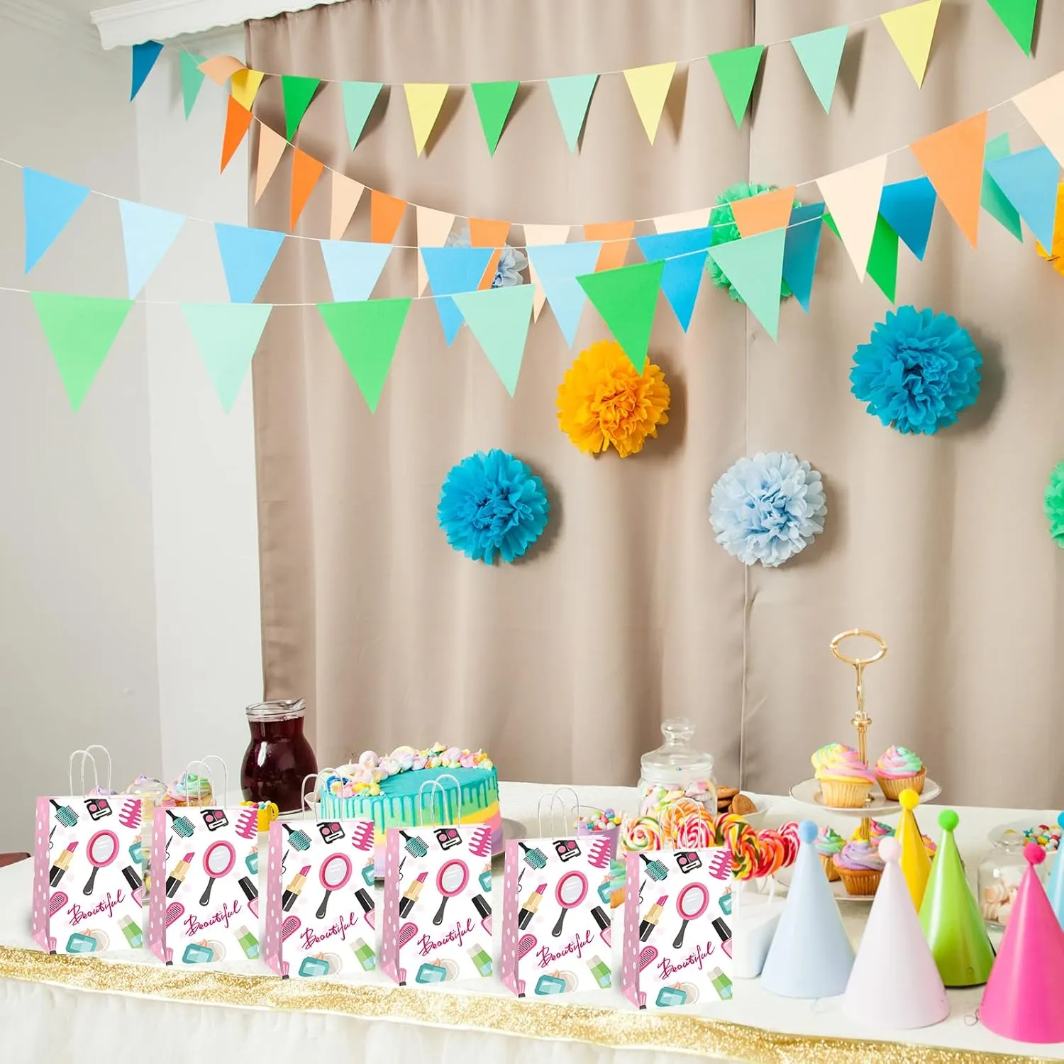 gisgfim 12 Pcs Spa Makeup Birthday Party Goody Treat Favor Bags Cosmetics Party Paper Gift Bags Spa Theme Party Decorations for Kids Girl Makeup Birthday Party Supplies