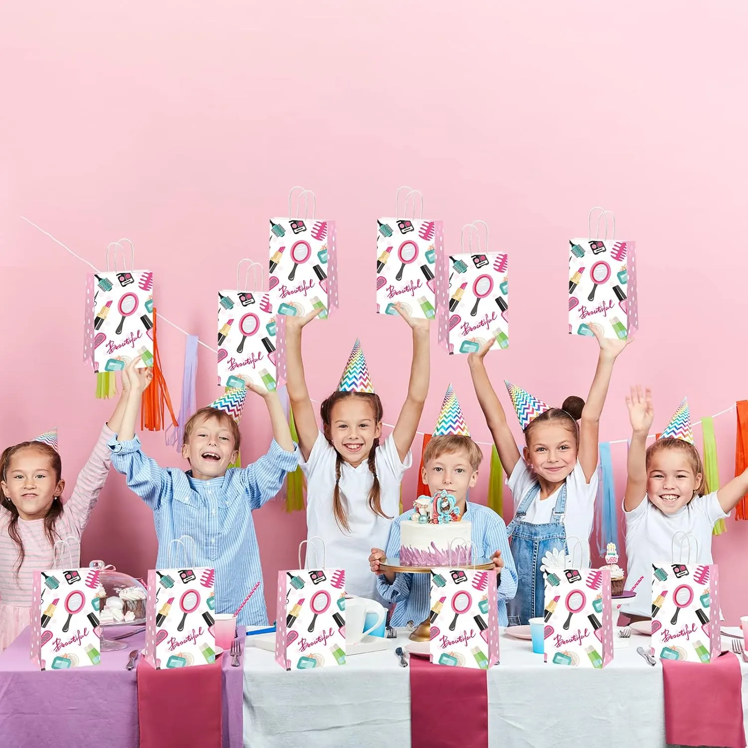gisgfim 12 Pcs Spa Makeup Birthday Party Goody Treat Favor Bags Cosmetics Party Paper Gift Bags Spa Theme Party Decorations for Kids Girl Makeup Birthday Party Supplies