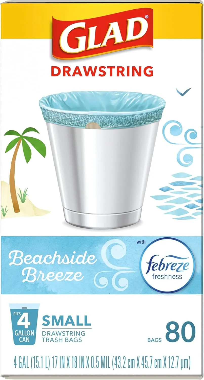 Glad Odorshield Small Drawstring Trash Bags, 4 Gal, Febreze Beachside Breeze, 80 Ct, Pack May Vary