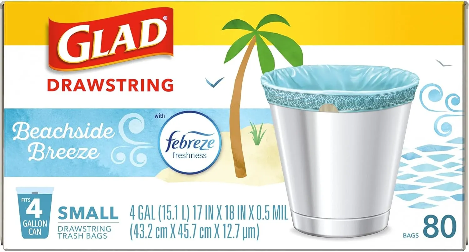 Glad Odorshield Small Drawstring Trash Bags, 4 Gal, Febreze Beachside Breeze, 80 Ct, Pack May Vary