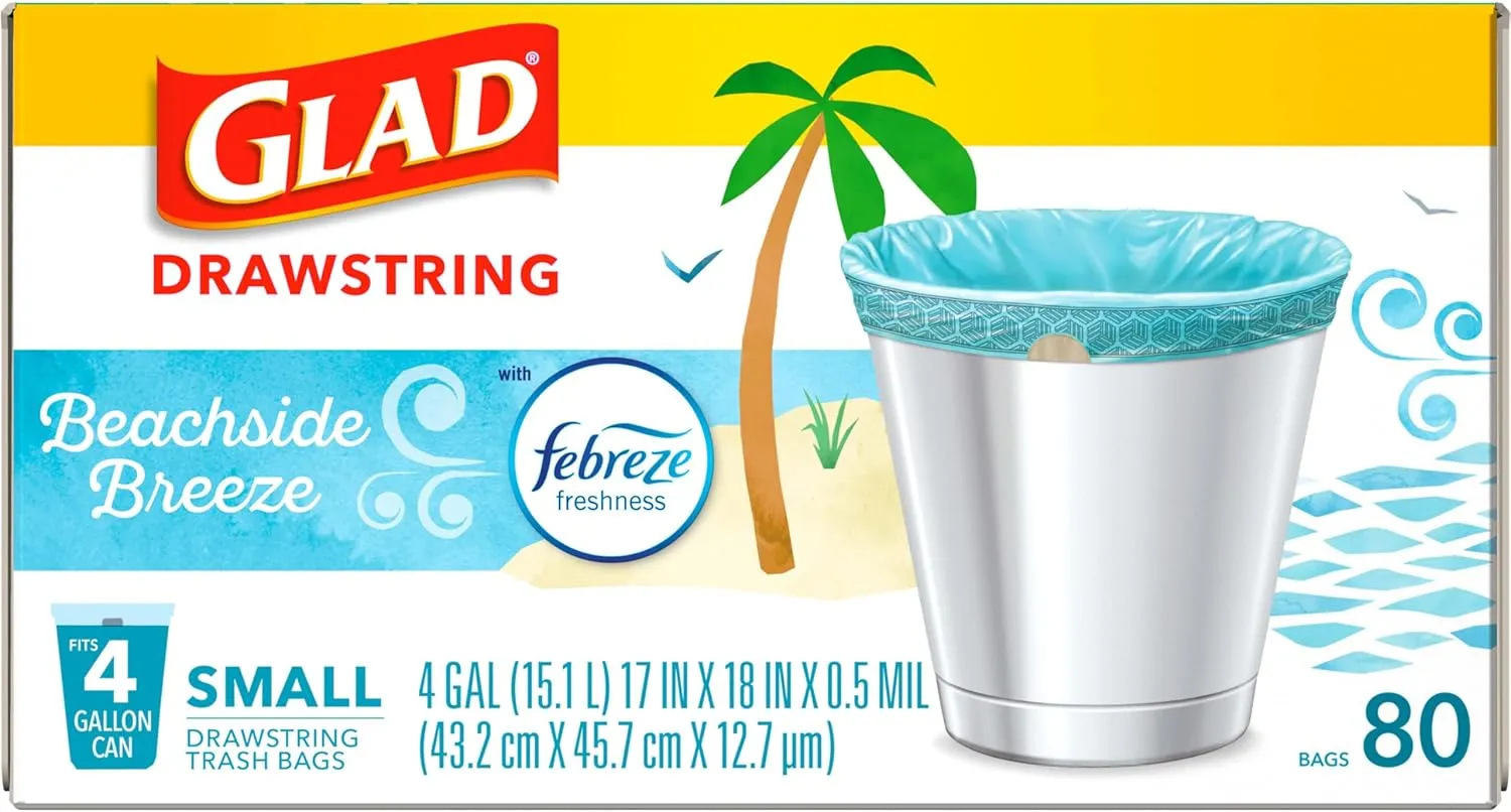 Glad Odorshield Small Drawstring Trash Bags, 4 Gal, Febreze Beachside Breeze, 80 Ct, Pack May Vary