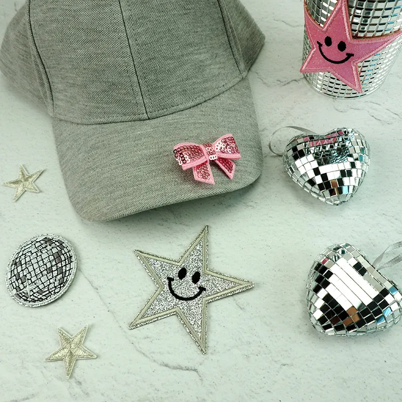 GLITTER PATCH SMILEY STAR PINK 85MM 1PC
