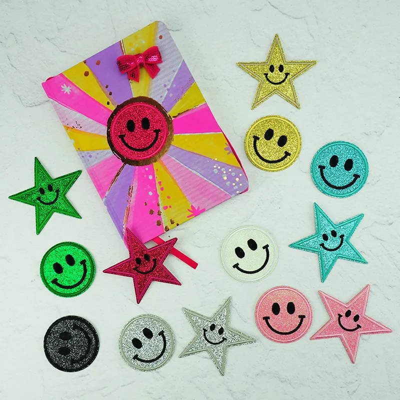 GLITTER PATCH SMILEY STAR PINK 85MM 1PC
