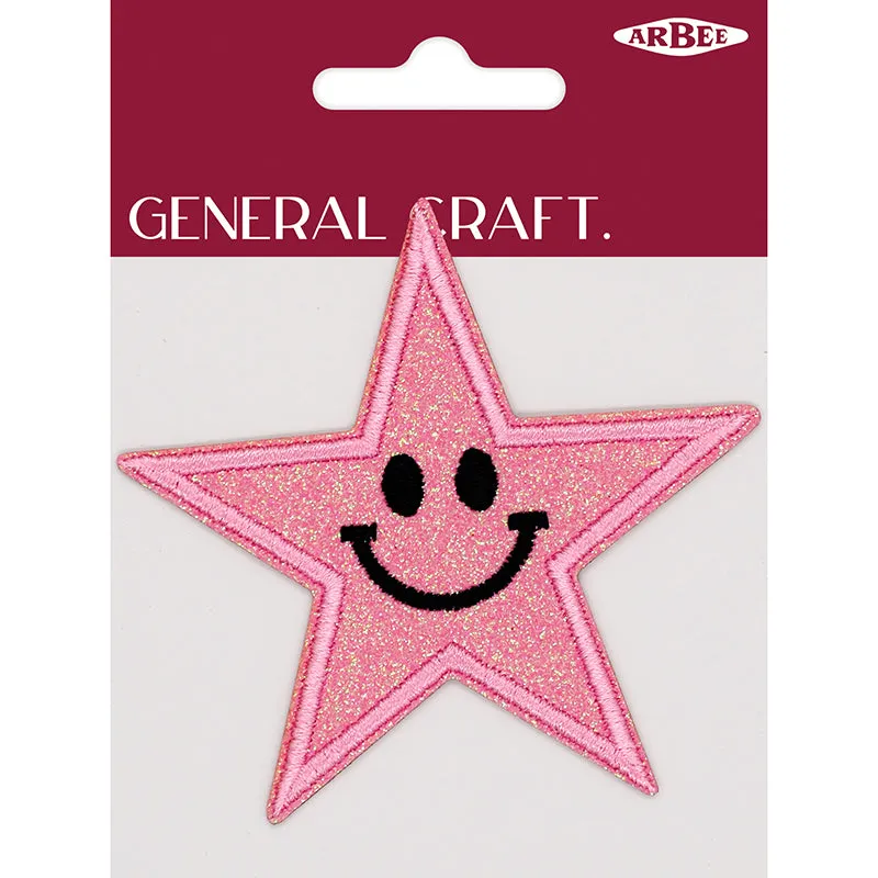 GLITTER PATCH SMILEY STAR PINK 85MM 1PC