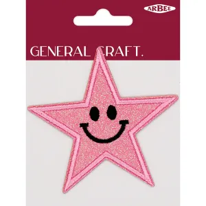 GLITTER PATCH SMILEY STAR PINK 85MM 1PC