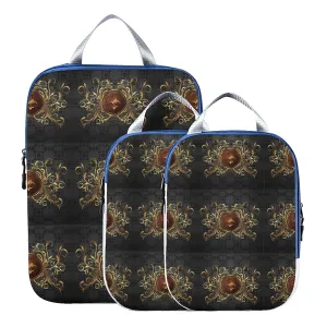Gold Golden Fleur De Lis Design with Flowers Vintage Background 3 Set Packing Cubes, Waterproof Check Oxford cloth Organizers, Travel Packing Toiletry Storage Bag