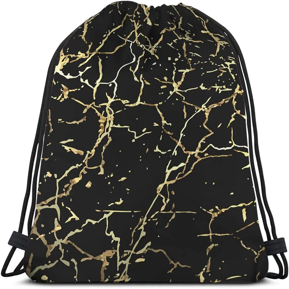 Golden Black Marble Drawstring Bags Backpack Bag Marbling Texture Art Ink Paint Abstract Design Natural Sport Gym Sack Drawstring Bag String Bag Yoga Bag for Men Women