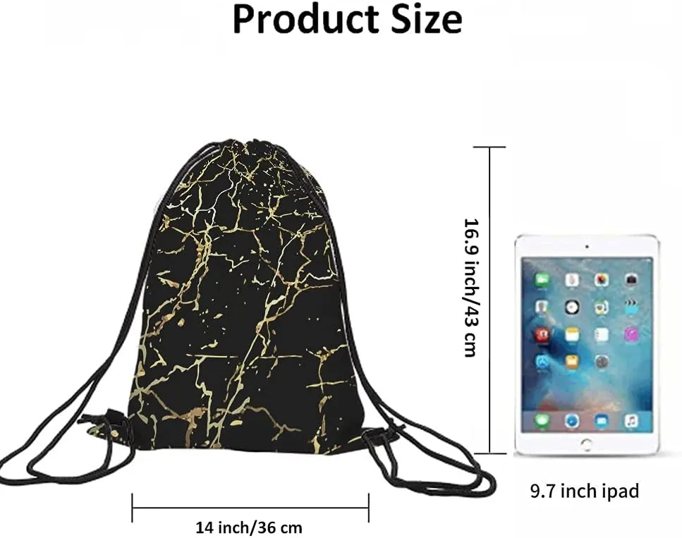 Golden Black Marble Drawstring Bags Backpack Bag Marbling Texture Art Ink Paint Abstract Design Natural Sport Gym Sack Drawstring Bag String Bag Yoga Bag for Men Women