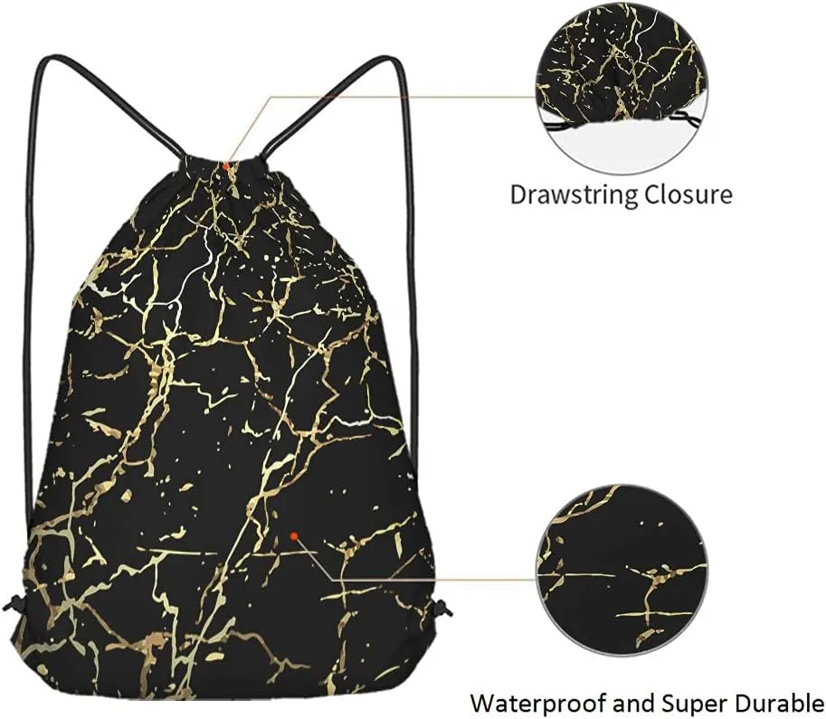 Golden Black Marble Drawstring Bags Backpack Bag Marbling Texture Art Ink Paint Abstract Design Natural Sport Gym Sack Drawstring Bag String Bag Yoga Bag for Men Women