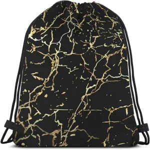 Golden Black Marble Drawstring Bags Backpack Bag Marbling Texture Art Ink Paint Abstract Design Natural Sport Gym Sack Drawstring Bag String Bag Yoga Bag for Men Women