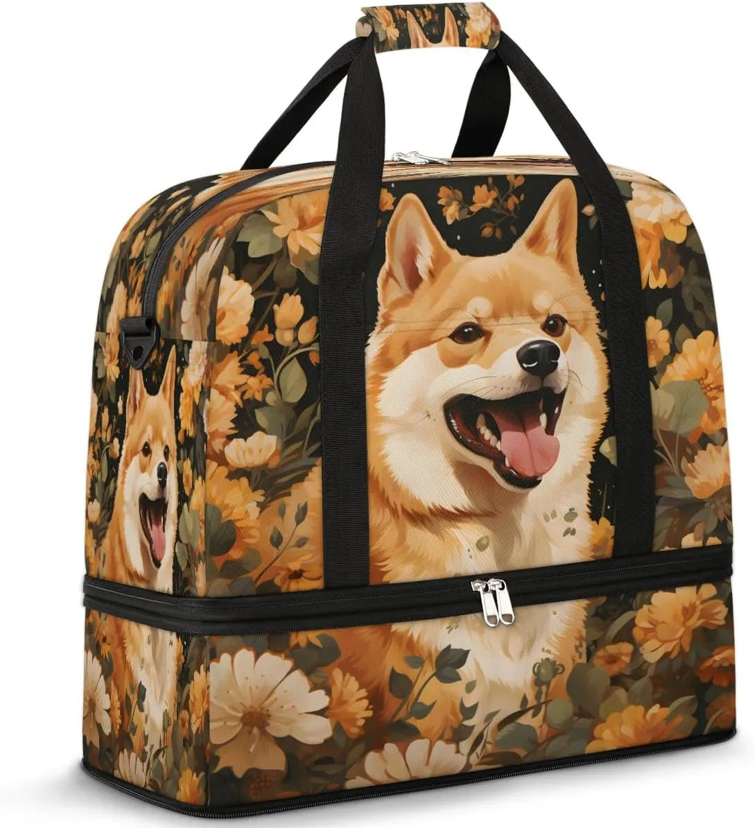 Golden Canine Blossoms Travel Duffel Bag, Travel Essentials, Gym Bag for Women, Weekender Overnight Bag With Shoes Compartment, Carry On Bags for Airplanes