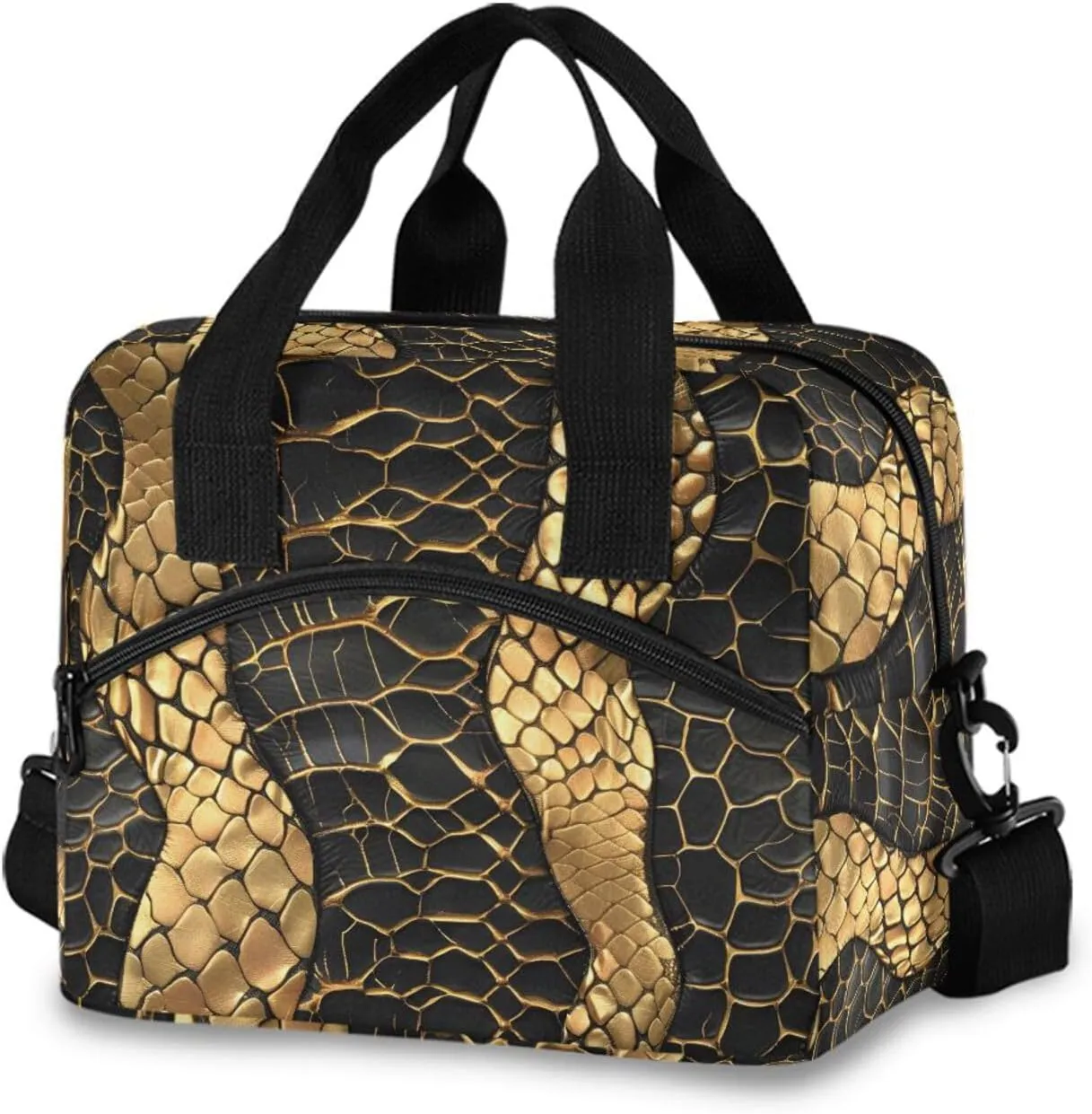 Golden Close Up Snake Skin Insulated Lunch Box for Women Men Reusable Lunch Bag for Office Picnic Cooler Bags with Adjustable Shoulder Strap