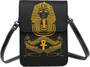 Golden Egyptian Sphinx And Hieroglyphics Pharaoh Small Cross Body Bags For Women, Leather Cell Phone Purse With Adjustable Strap