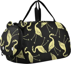 Golden Flamingos Black Sports Duffle Bag for Girls Boys, Gym Bag with Shoe Compartment, Kids Travel Overnight Weekender Shoulder Bag