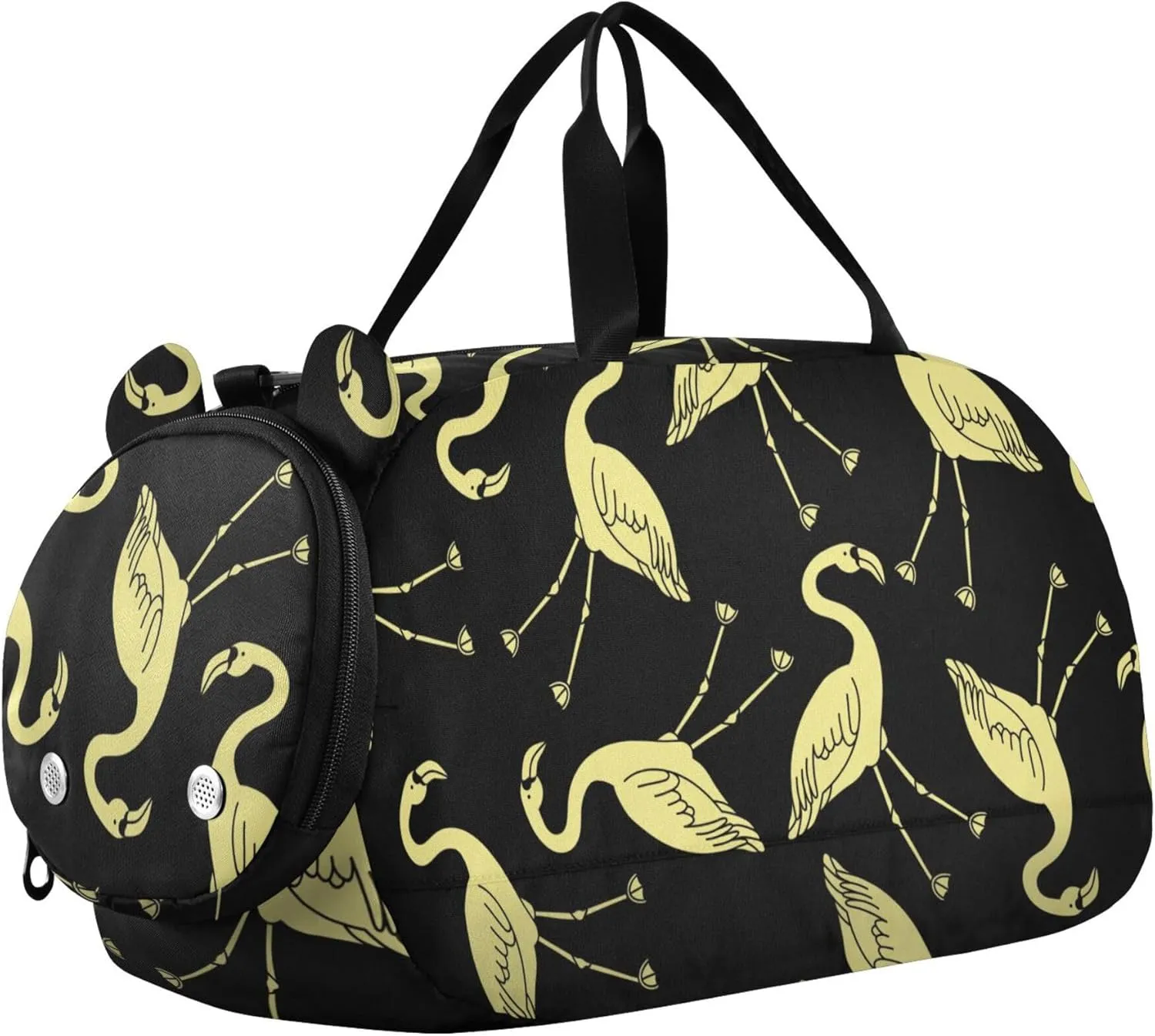 Golden Flamingos Black Sports Duffle Bag for Girls Boys, Gym Bag with Shoe Compartment, Kids Travel Overnight Weekender Shoulder Bag