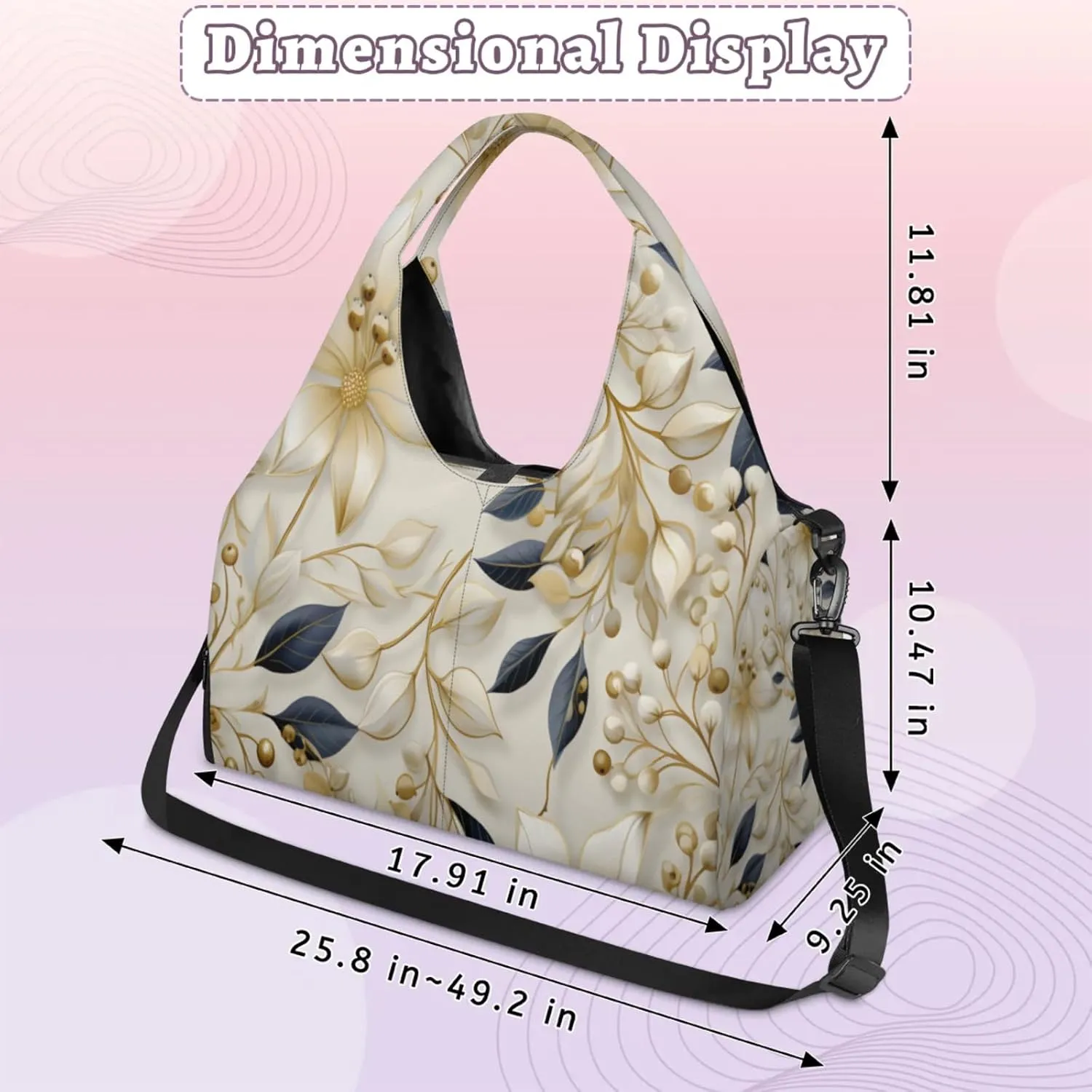 Golden Floral Grace Waterproof Gym Bag for Men Women, Sports Duffel Bag with Shoe Compartment Yoga Mat Holder, Portable Large Travel Bag for Fitness, Camping, Weekend Trips
