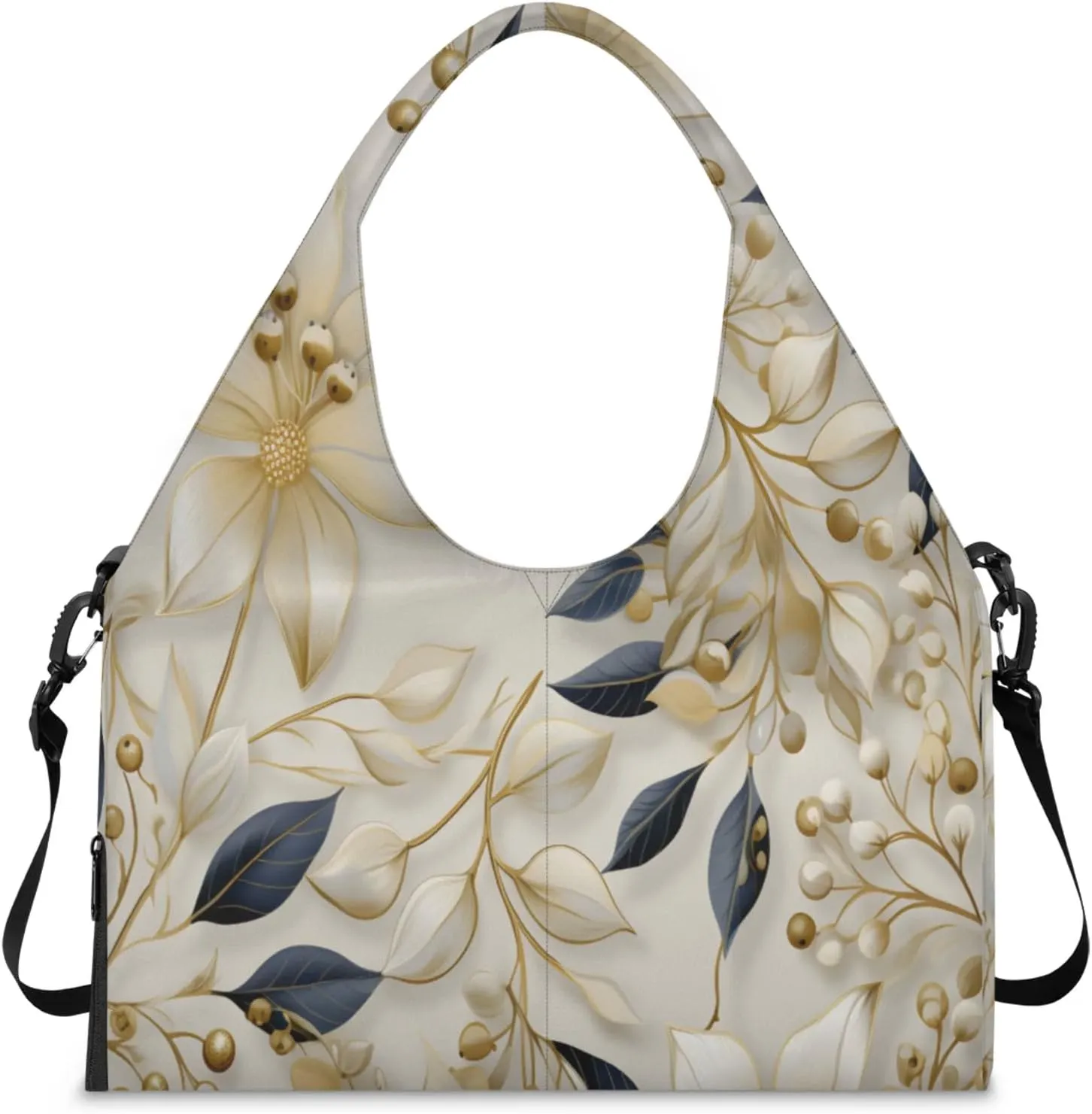Golden Floral Grace Waterproof Gym Bag for Men Women, Sports Duffel Bag with Shoe Compartment Yoga Mat Holder, Portable Large Travel Bag for Fitness, Camping, Weekend Trips