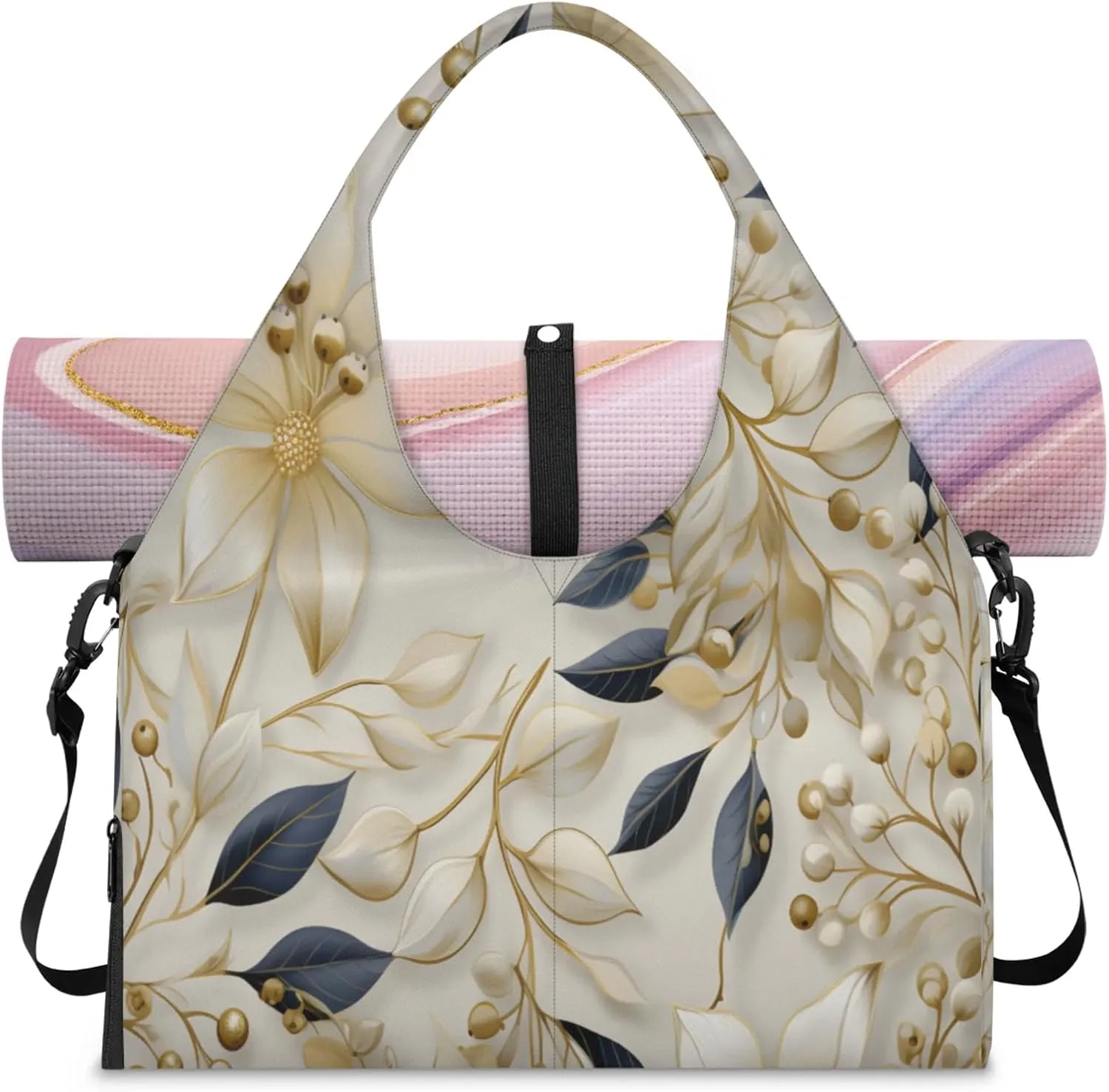 Golden Floral Grace Waterproof Gym Bag for Men Women, Sports Duffel Bag with Shoe Compartment Yoga Mat Holder, Portable Large Travel Bag for Fitness, Camping, Weekend Trips