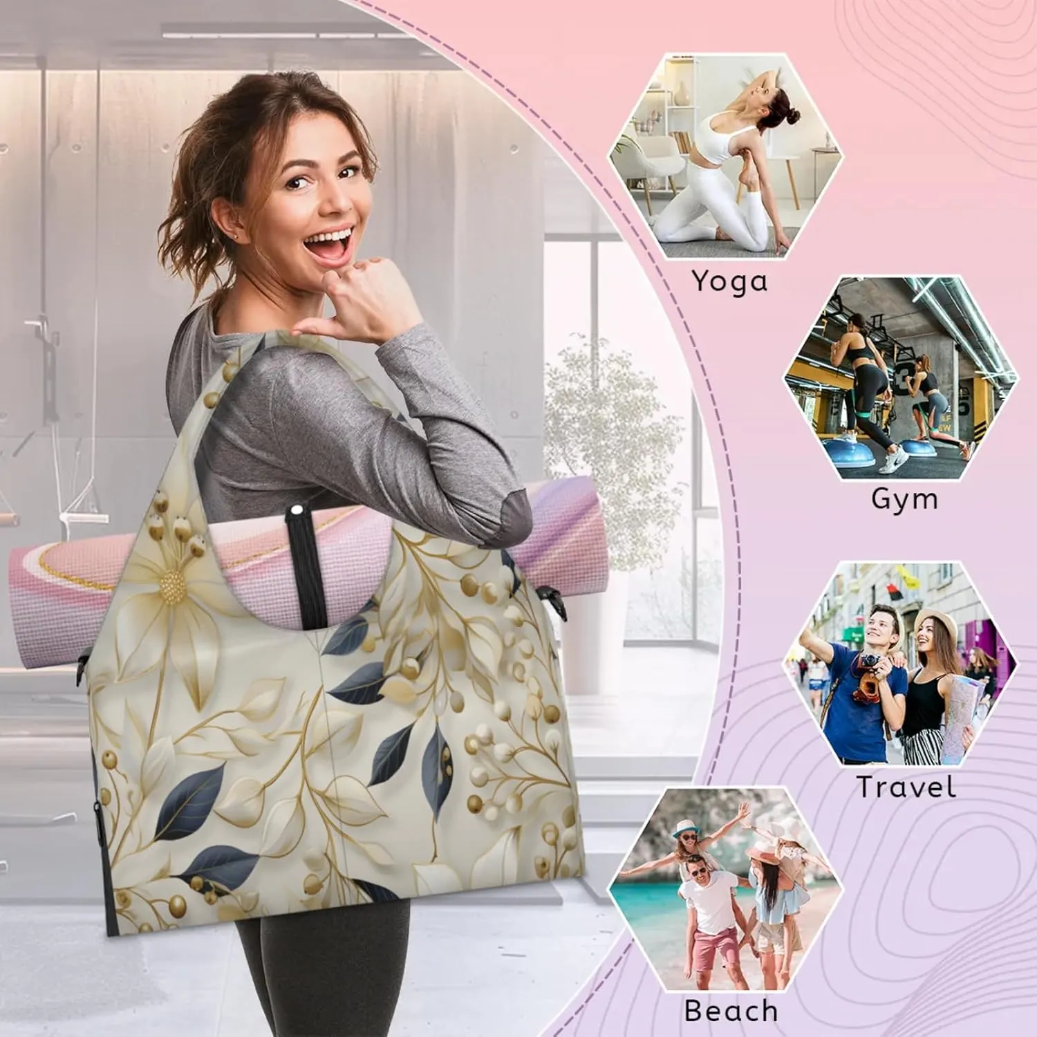 Golden Floral Grace Waterproof Gym Bag for Men Women, Sports Duffel Bag with Shoe Compartment Yoga Mat Holder, Portable Large Travel Bag for Fitness, Camping, Weekend Trips