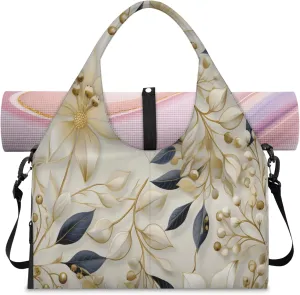 Golden Floral Grace Waterproof Gym Bag for Men Women, Sports Duffel Bag with Shoe Compartment Yoga Mat Holder, Portable Large Travel Bag for Fitness, Camping, Weekend Trips