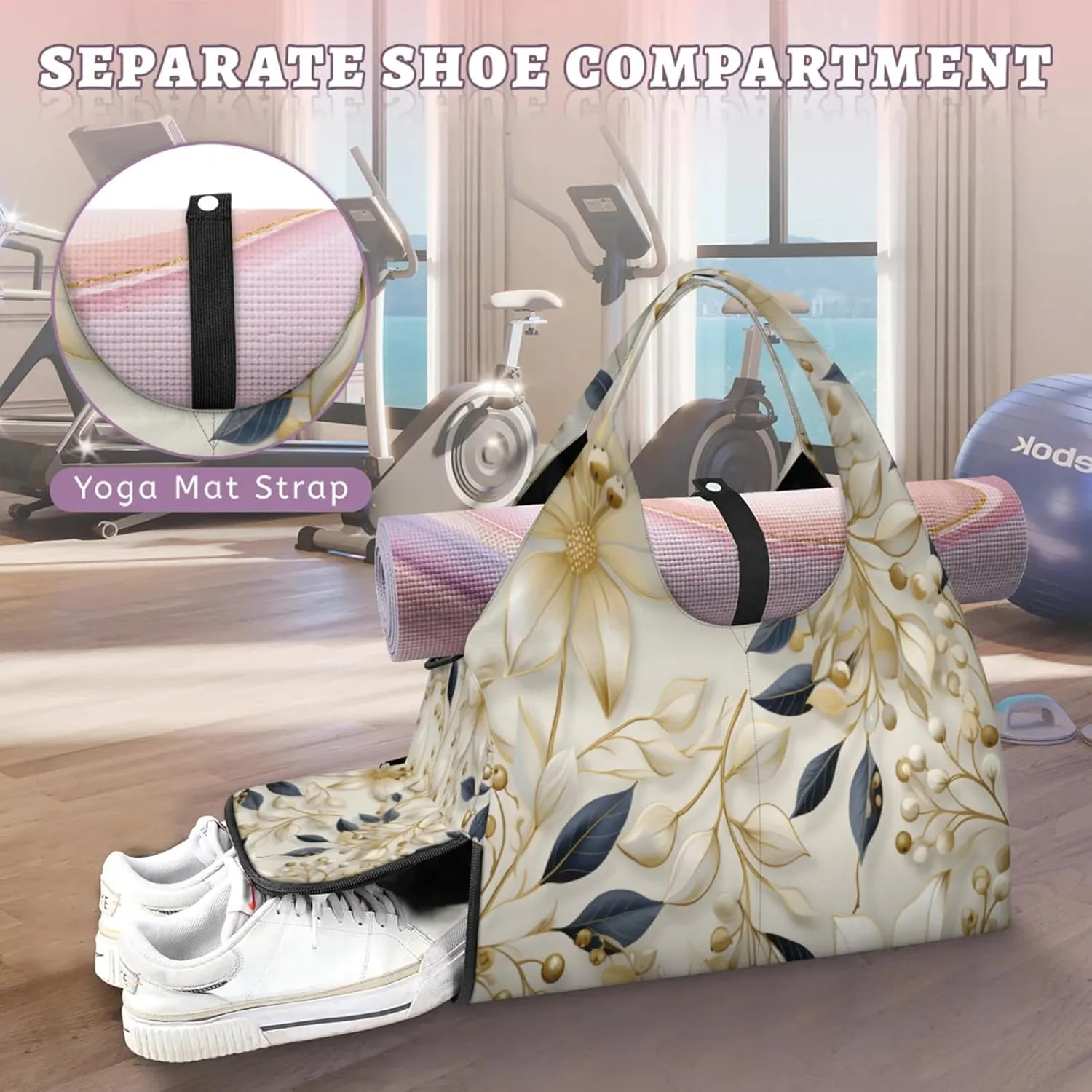 Golden Floral Grace Waterproof Gym Bag for Men Women, Sports Duffel Bag with Shoe Compartment Yoga Mat Holder, Portable Large Travel Bag for Fitness, Camping, Weekend Trips