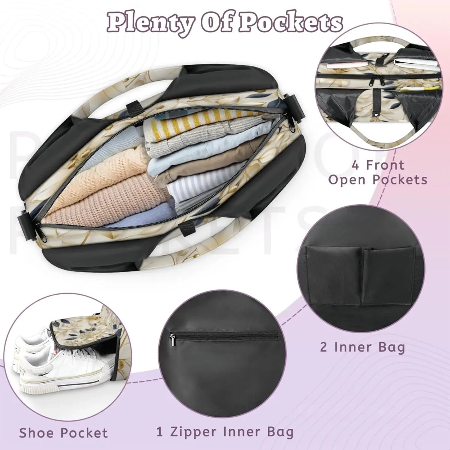 Golden Floral Grace Waterproof Gym Bag for Men Women, Sports Duffel Bag with Shoe Compartment Yoga Mat Holder, Portable Large Travel Bag for Fitness, Camping, Weekend Trips