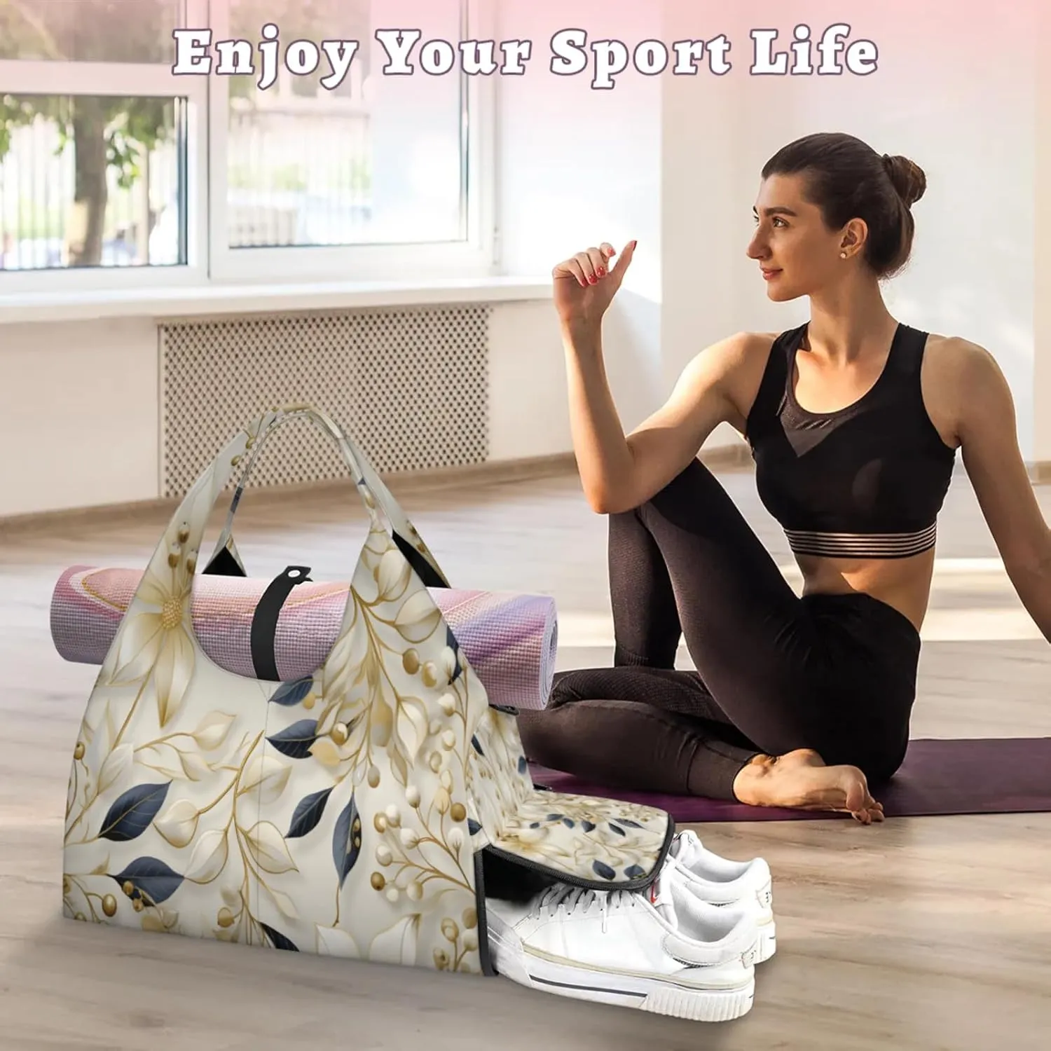 Golden Floral Grace Waterproof Gym Bag for Men Women, Sports Duffel Bag with Shoe Compartment Yoga Mat Holder, Portable Large Travel Bag for Fitness, Camping, Weekend Trips
