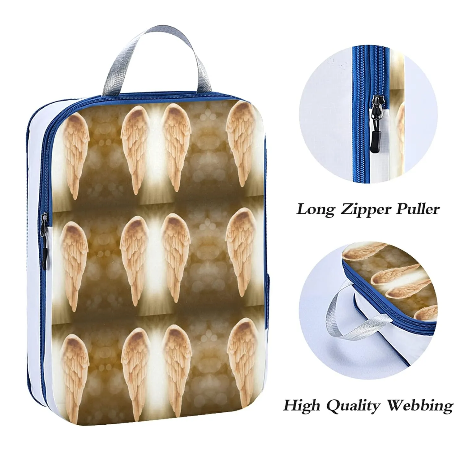 Golden Gold Angel Wings 3 Set Packing Cubes, Waterproof Check Oxford cloth Organizers, Travel Packing Toiletry Storage Bag