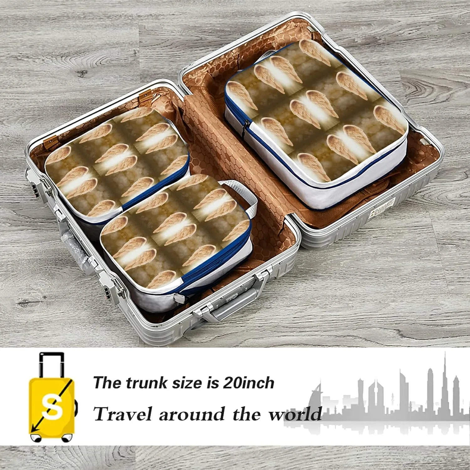 Golden Gold Angel Wings 3 Set Packing Cubes, Waterproof Check Oxford cloth Organizers, Travel Packing Toiletry Storage Bag