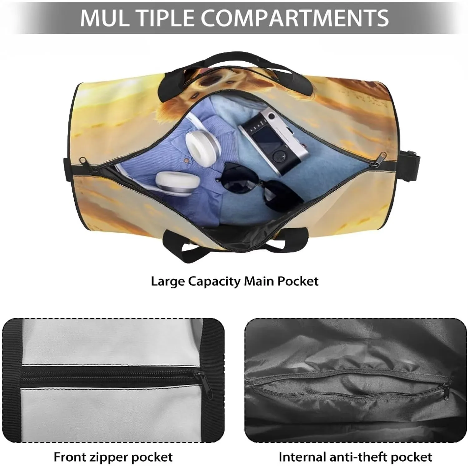 Golden Retriever Gym Bags for Men Women, Foldable Travel Duffle Bag, Lightweight Weekender Duffel Bag Water Resistant Workout Duffle Sports Bag for Travel Yoga