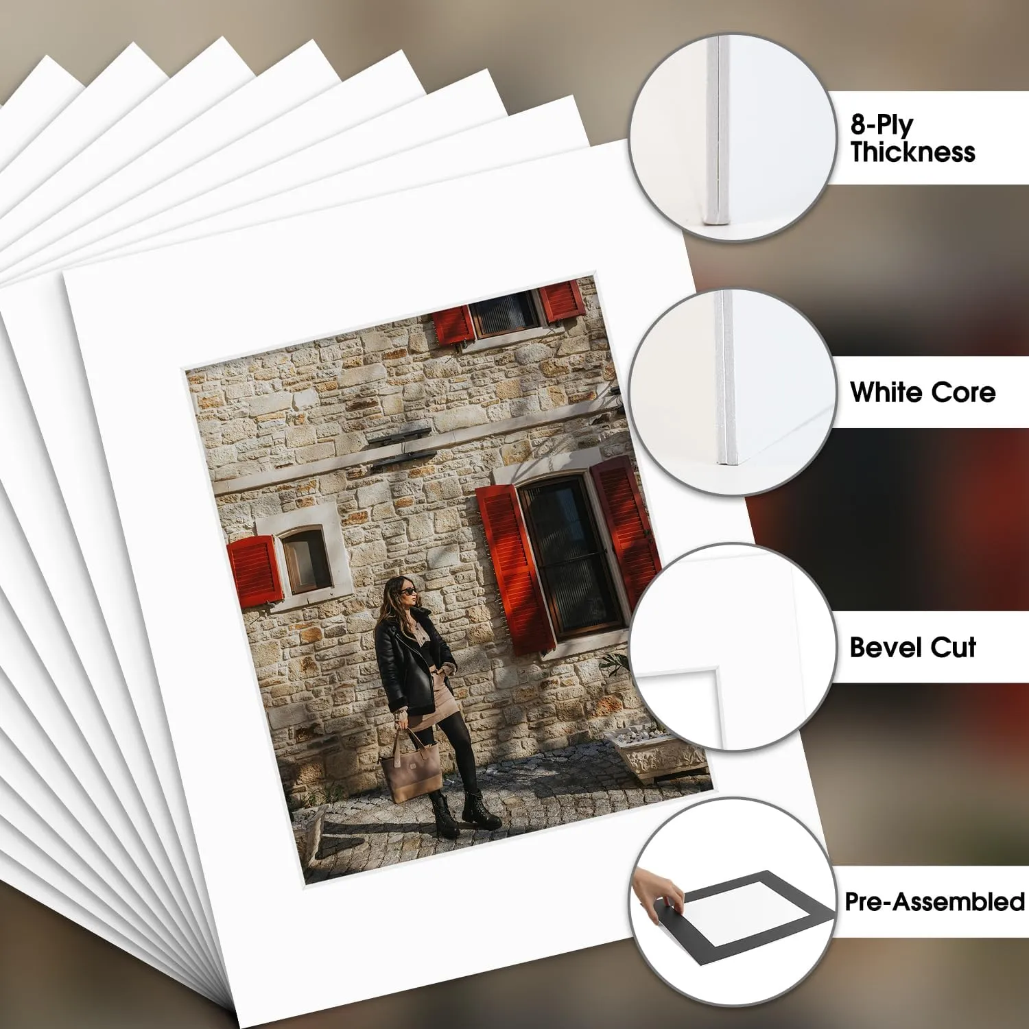 Golden State Art, 10 Pack 11x14 Slip-in Photo Mats Kits for 8x10 Photos, Pre-Pasted Backing Boards, Acid-Free, 8-Ply Thick Cardboard Frames, with Clear Storage Bags (White)