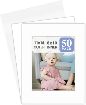 Golden State Art Acid Free, Pack of 50 11x14 White Picture Mats Mattes with White Core Bevel Cut for 8x10 Photo   Backing   Bags