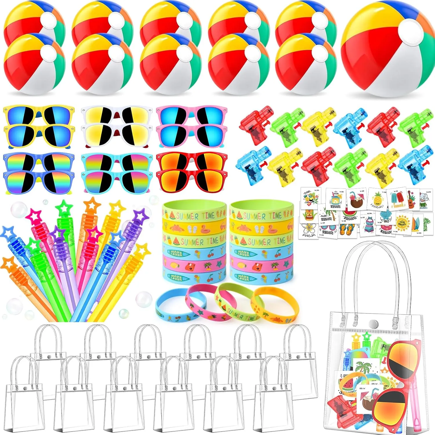 Golray 92 PCS Pool Party Favors for Kids – Beach Toys Set with Sunglasses, Water Guns, Bubble Wands, Balls, Stickers, Wristband – Bulk Summer Decorations for Birthday Gifts and Luau Events