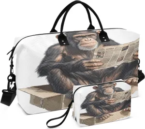 Gorilla Reading Newspaper Sports Gym Bag for Women Men Travel Duffel Bag Weekend Overnight Carry on Bag with Toiletry Bag Training Handbag for Plane Hospital Workout Swimming Yoga