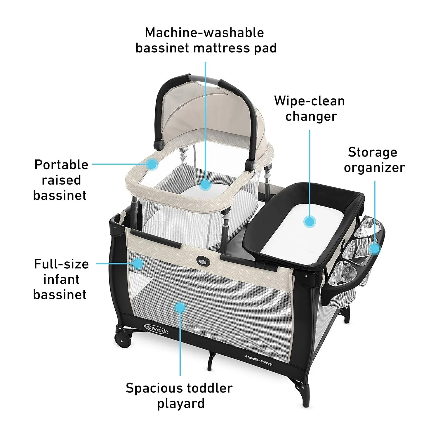 Graco Pack 'n Play Day2Dream Travel Bassinet Playard Features Portable Bassinet Diaper Changer and More (Lo, Lo, W/Fold Flat Bassinet)