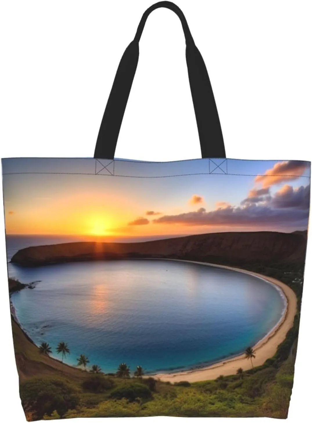 Grocery Bag Reusable Tote Bag Foldable Sunset Blue Sky Shopping Bag Handbag Washable Shoulder Bag for Travel