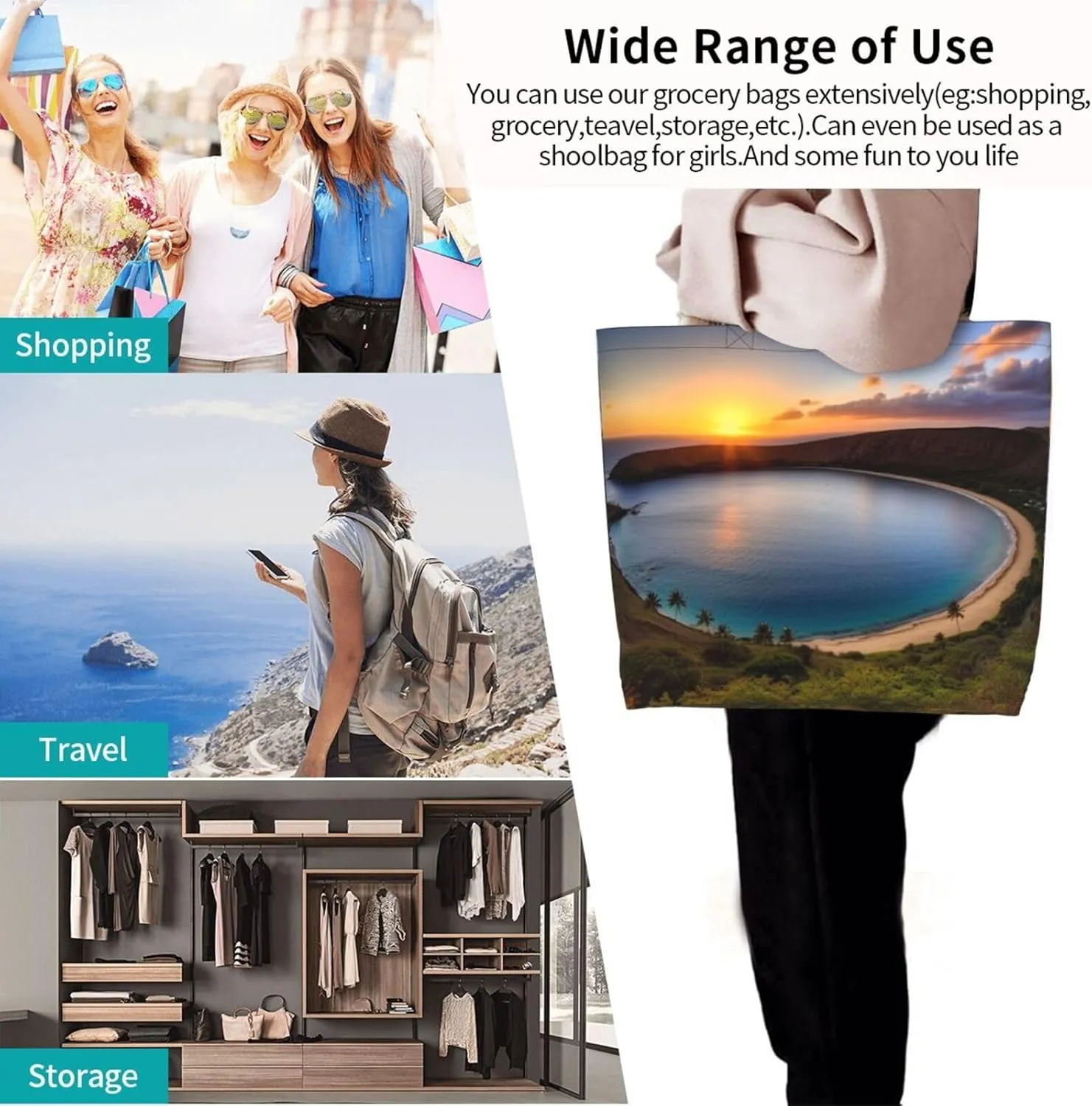 Grocery Bag Reusable Tote Bag Foldable Sunset Blue Sky Shopping Bag Handbag Washable Shoulder Bag for Travel