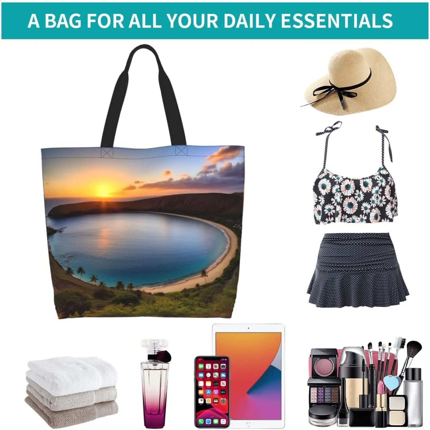 Grocery Bag Reusable Tote Bag Foldable Sunset Blue Sky Shopping Bag Handbag Washable Shoulder Bag for Travel
