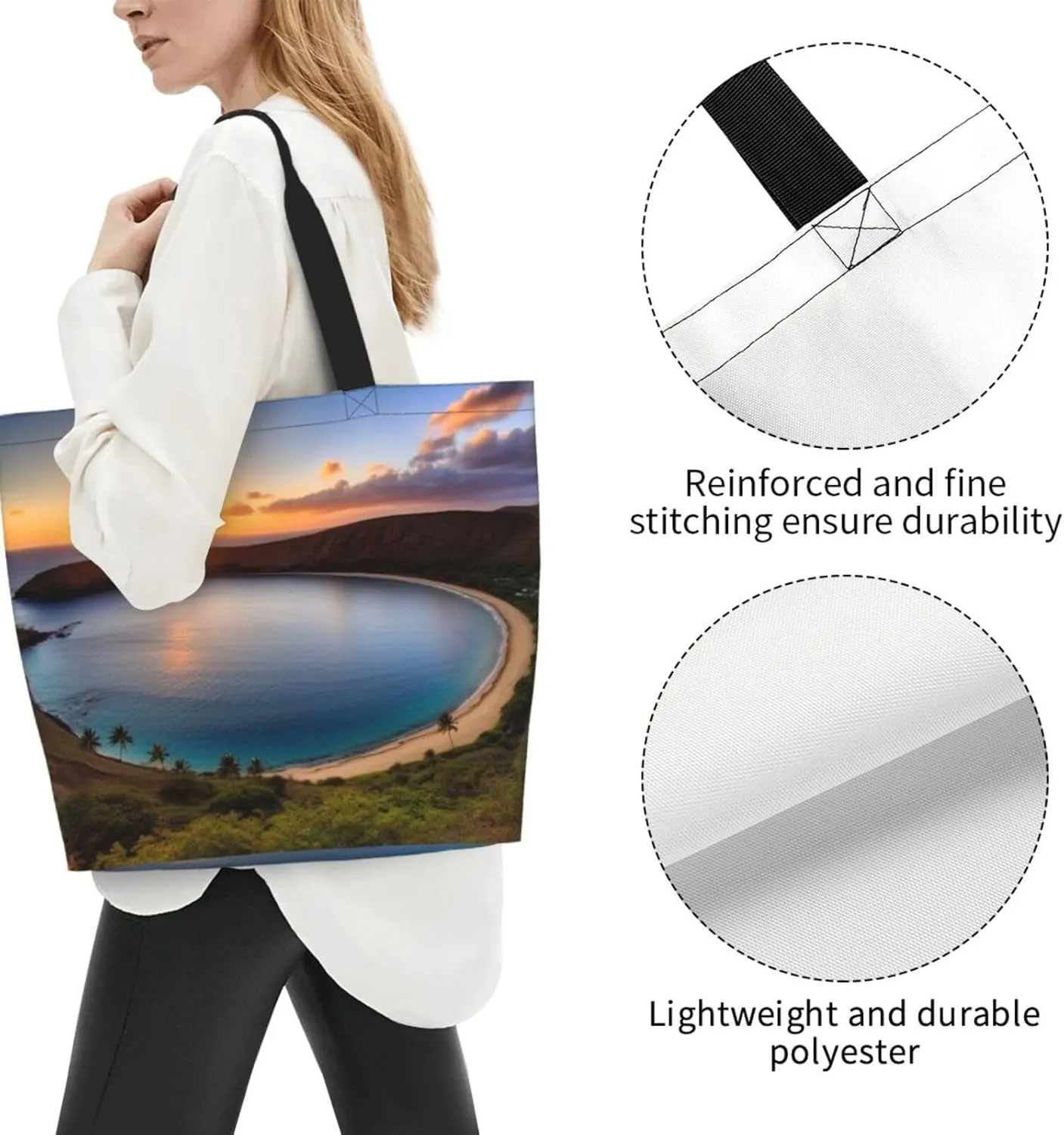 Grocery Bag Reusable Tote Bag Foldable Sunset Blue Sky Shopping Bag Handbag Washable Shoulder Bag for Travel
