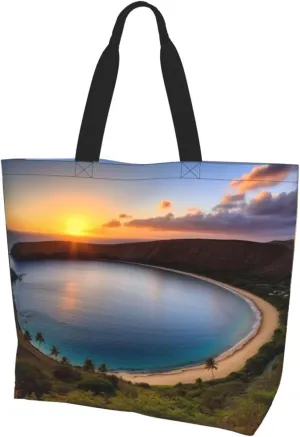 Grocery Bag Reusable Tote Bag Foldable Sunset Blue Sky Shopping Bag Handbag Washable Shoulder Bag for Travel
