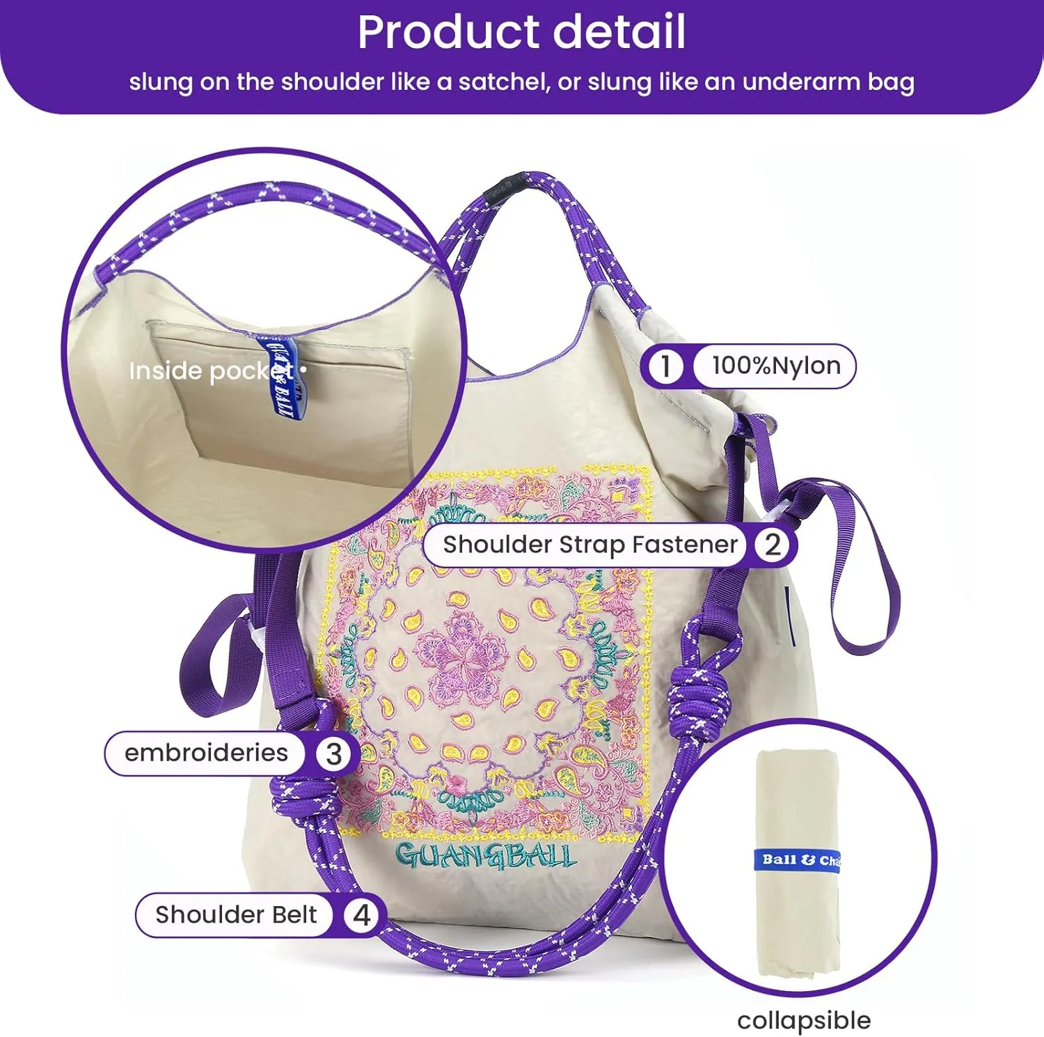 Guan&Ball Tote Bag for Women, Foldable Tote Bag With Large Shoulder strap Bag Handle Handbag for Travel, Work