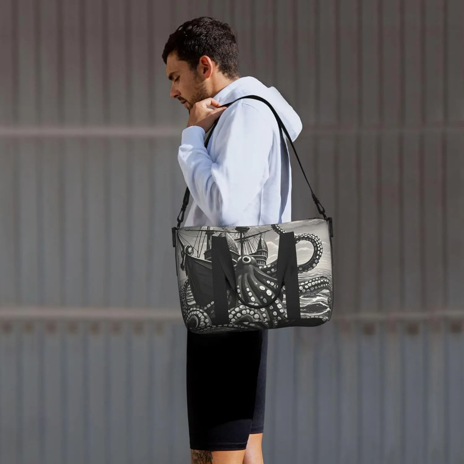 Gym Bag Black and White Octopus and Ship Duffel Bag for Men Women Travel Overnight Bag with Shoe Compartment Workout Bags