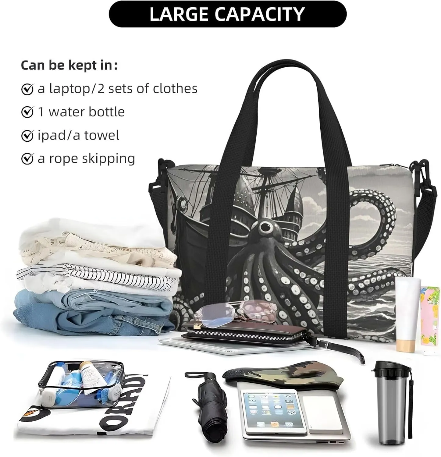 Gym Bag Black and White Octopus and Ship Duffel Bag for Men Women Travel Overnight Bag with Shoe Compartment Workout Bags