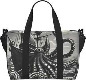 Gym Bag Black and White Octopus and Ship Duffel Bag for Men Women Travel Overnight Bag with Shoe Compartment Workout Bags