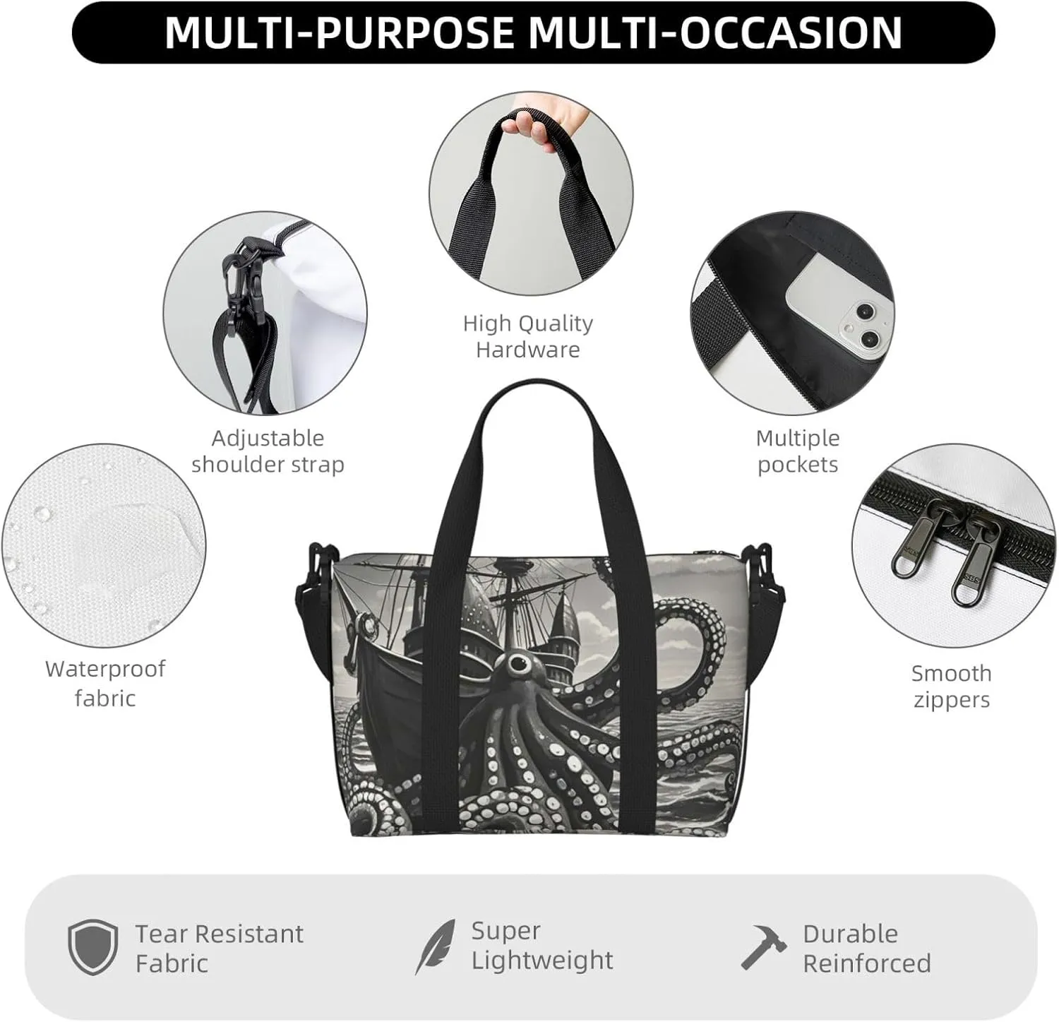 Gym Bag Black and White Octopus and Ship Duffel Bag for Men Women Travel Overnight Bag with Shoe Compartment Workout Bags