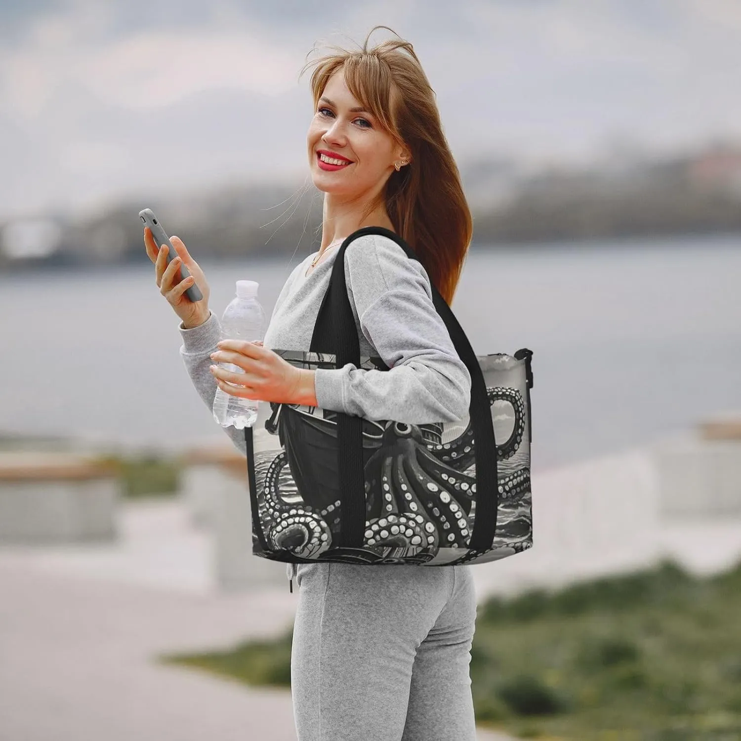 Gym Bag Black and White Octopus and Ship Duffel Bag for Men Women Travel Overnight Bag with Shoe Compartment Workout Bags