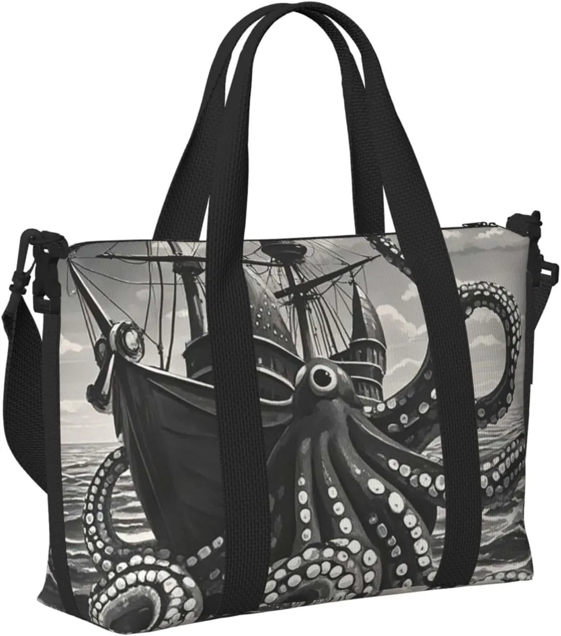 Gym Bag Black and White Octopus and Ship Duffel Bag for Men Women Travel Overnight Bag with Shoe Compartment Workout Bags